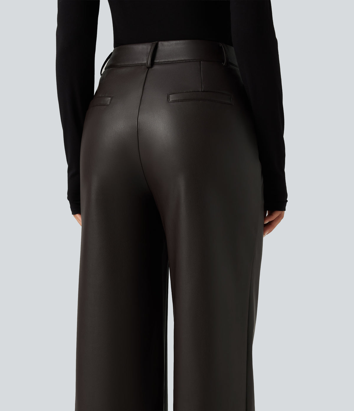 High Waisted Straight Leg Seam Stretchy PU Fleece Casual Leather Trousers with Pockets — Hot Fudge — view 5