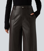 High Waisted Straight Leg Seam Stretchy PU Fleece Casual Leather Trousers with Pockets — Hot Fudge — view 4