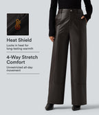 High Waisted Straight Leg Seam Stretchy PU Fleece Casual Leather Trousers with Pockets — Hot Fudge — view 1