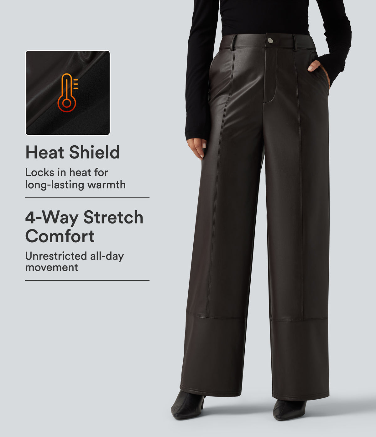 High Waisted Straight Leg Seam Stretchy PU Fleece Casual Leather Trousers with Pockets — Hot Fudge — view 1