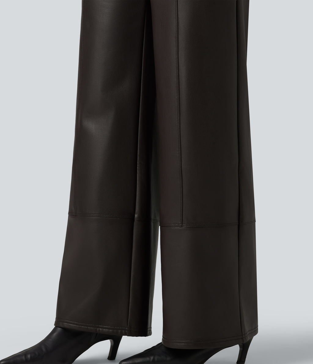 High Waisted Straight Leg Seam Stretchy PU Fleece Casual Leather Trousers with Pockets — Hot Fudge — view 6