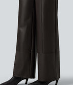 High Waisted Straight Leg Seam Stretchy PU Fleece Casual Leather Trousers with Pockets — Hot Fudge — view 6