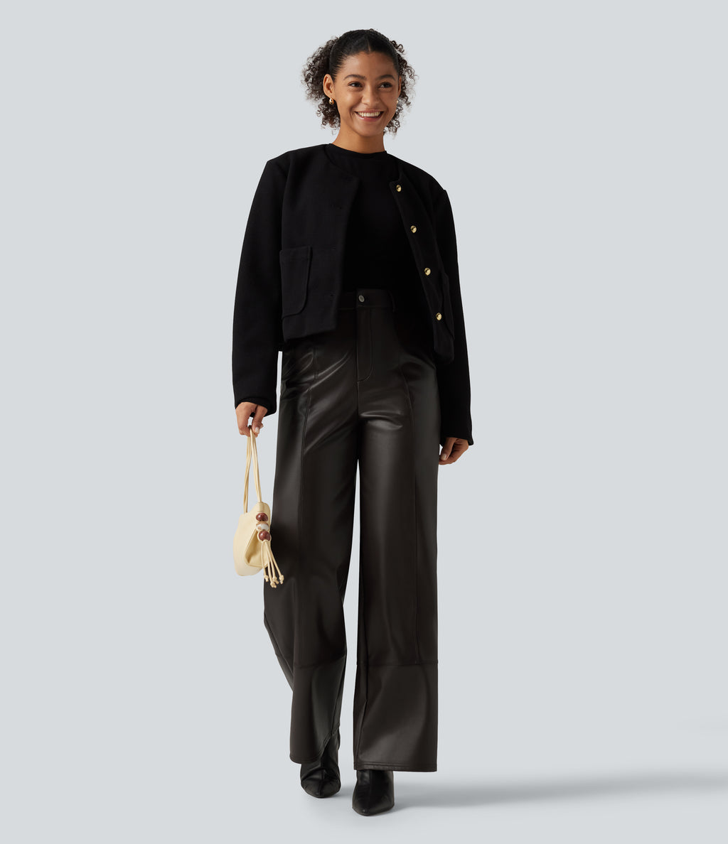 High Waisted Straight Leg Seam Stretchy PU Fleece Casual Leather Trousers with Pockets — Hot Fudge — view 7