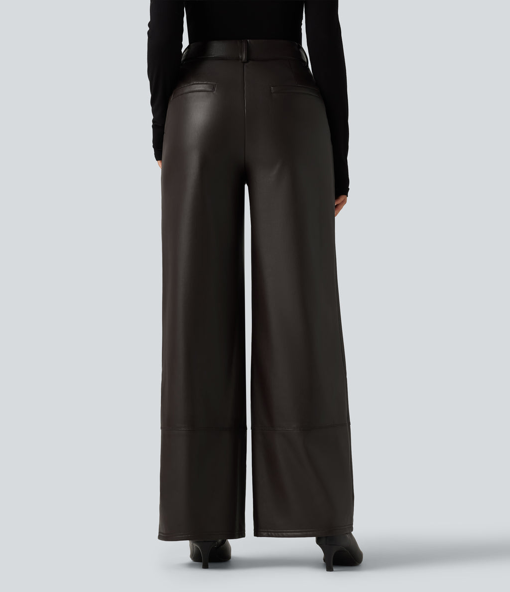 High Waisted Straight Leg Seam Stretchy PU Fleece Casual Leather Trousers with Pockets — Hot Fudge — view 2