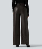 High Waisted Straight Leg Seam Stretchy PU Fleece Casual Leather Trousers with Pockets — Hot Fudge — view 2
