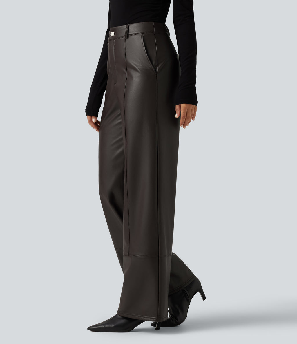 High Waisted Straight Leg Seam Stretchy PU Fleece Casual Leather Trousers with Pockets — Hot Fudge — view 3