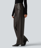 High Waisted Straight Leg Seam Stretchy PU Fleece Casual Leather Trousers with Pockets — Hot Fudge — view 3