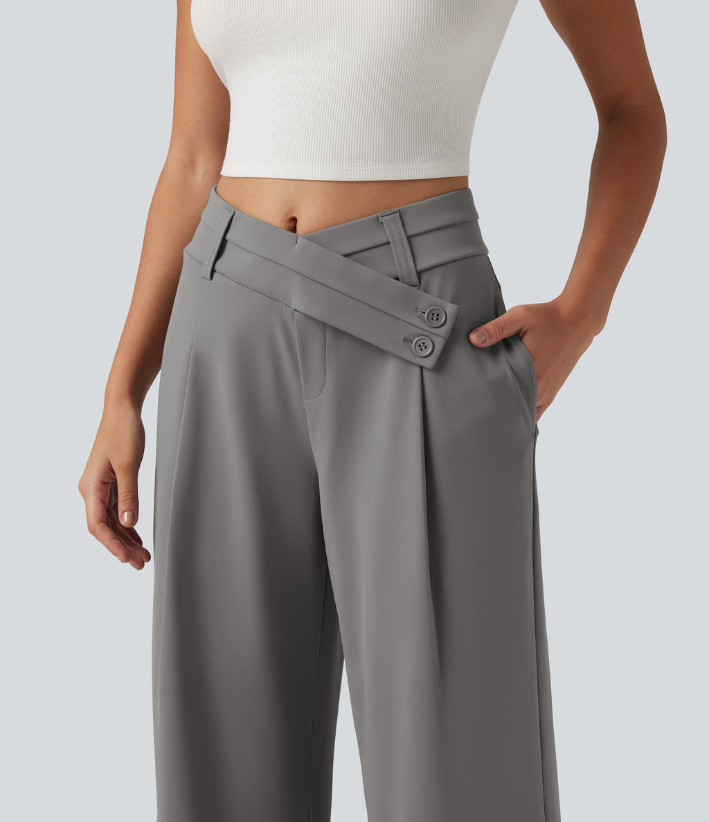 Wrinkle Recovery Mid Rise Asymmetric Wide Leg Work Trousers with Pockets — Silent Storm — view 4