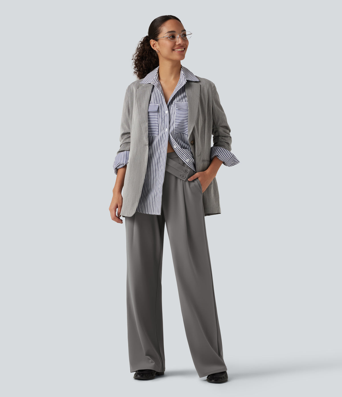 Wrinkle Recovery Mid Rise Asymmetric Wide Leg Work Trousers with Pockets — Silent Storm — view 7