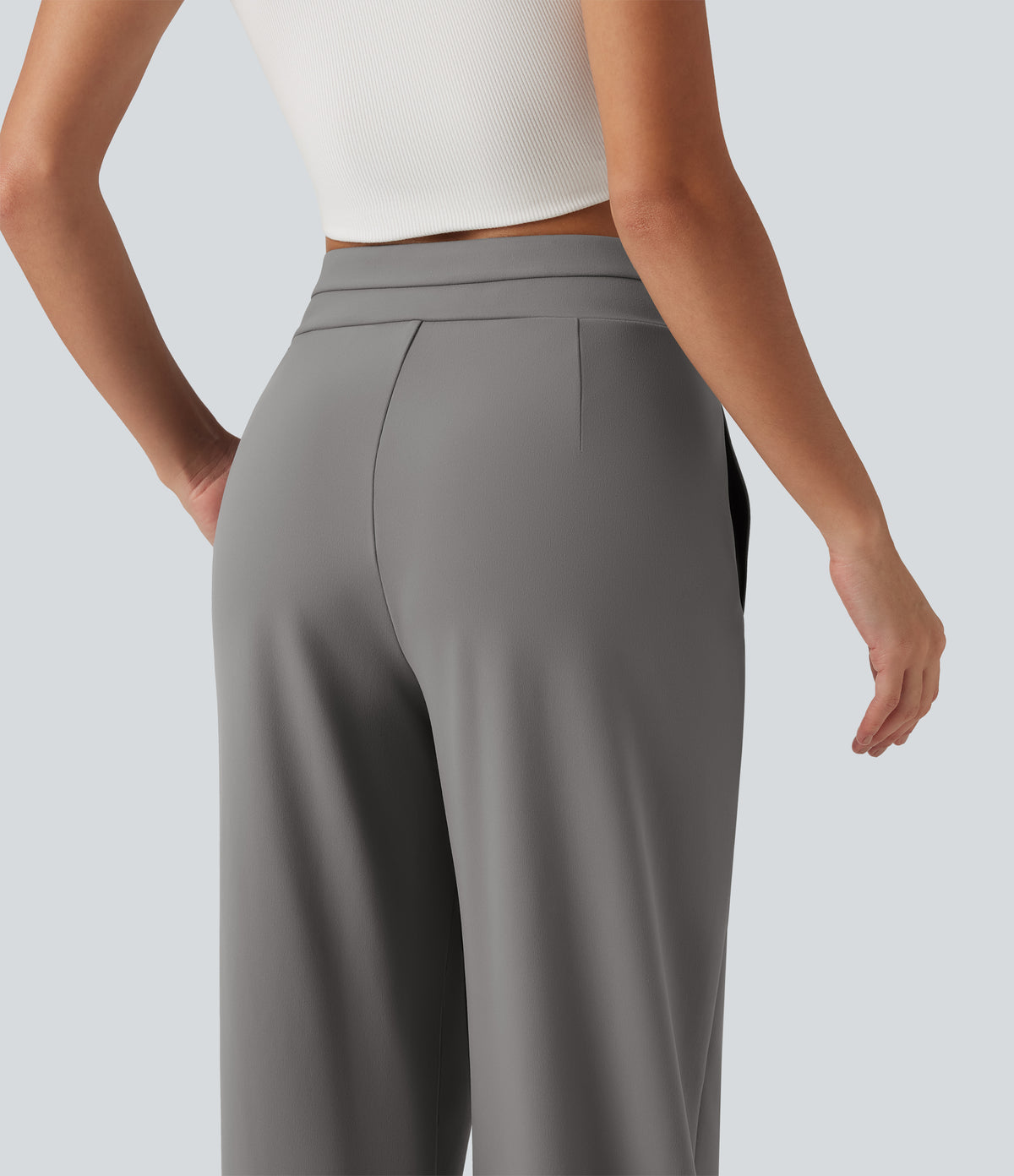 Wrinkle Recovery Mid Rise Asymmetric Wide Leg Work Trousers with Pockets — Silent Storm — view 5