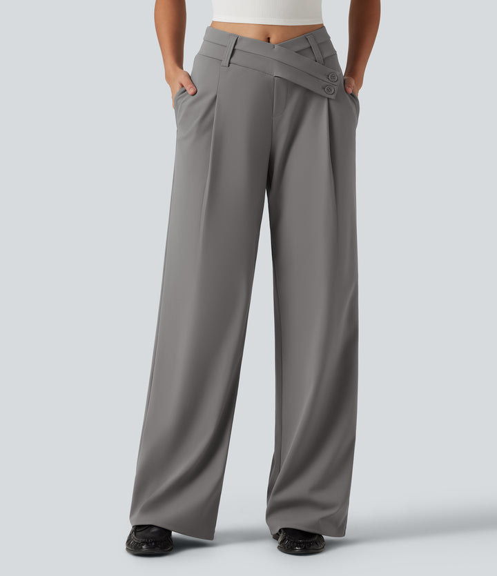 Wrinkle Recovery Mid Rise Asymmetric Wide Leg Work Trousers with Pockets — Silent Storm — view 1