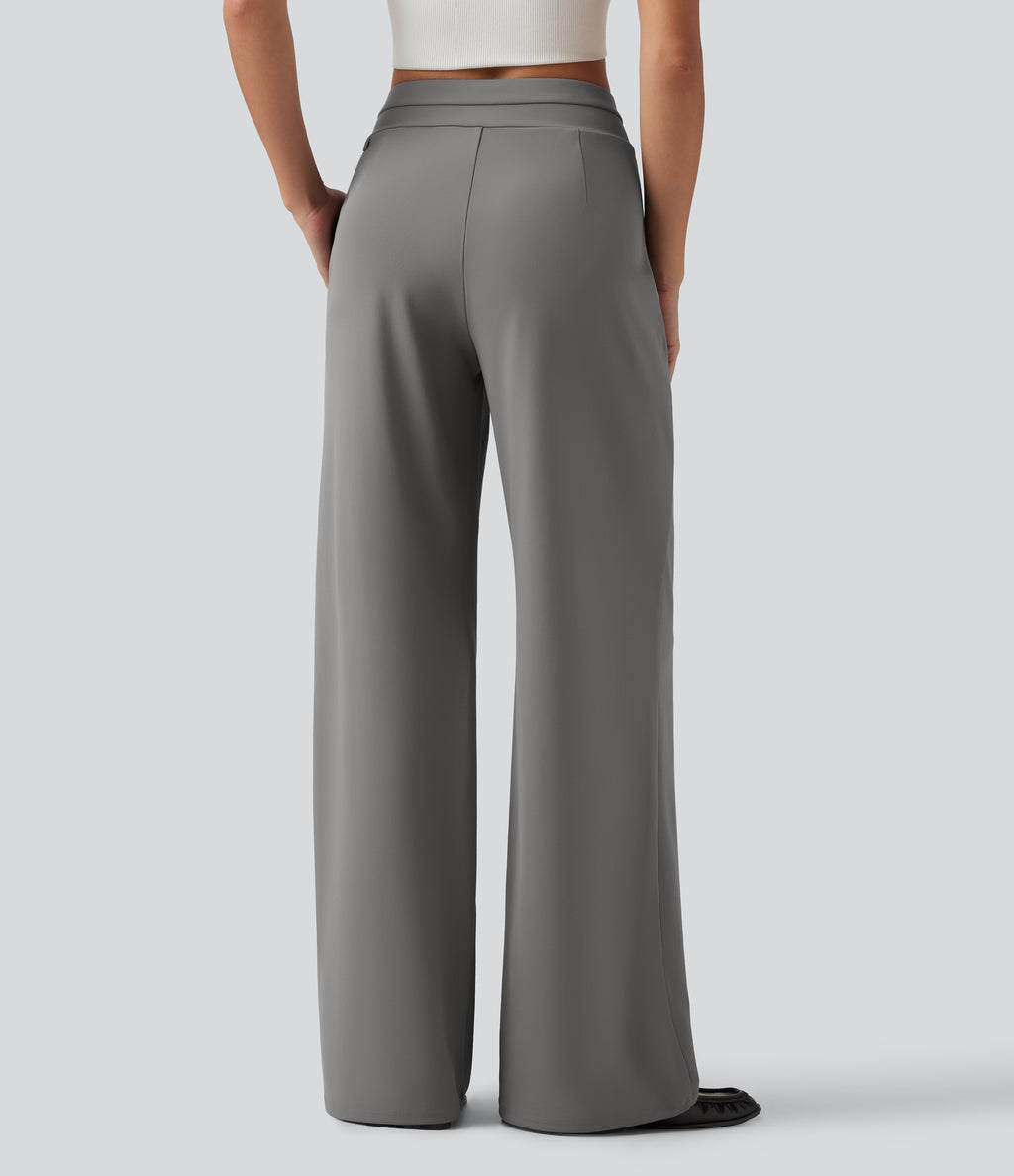 Wrinkle Recovery Mid Rise Asymmetric Wide Leg Work Trousers with Pockets — Silent Storm — view 2