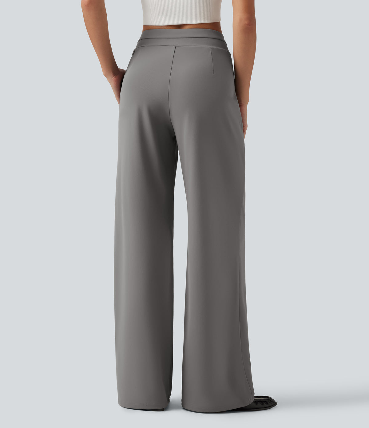 Wrinkle Recovery Mid Rise Asymmetric Wide Leg Work Trousers with Pockets — Silent Storm — view 2