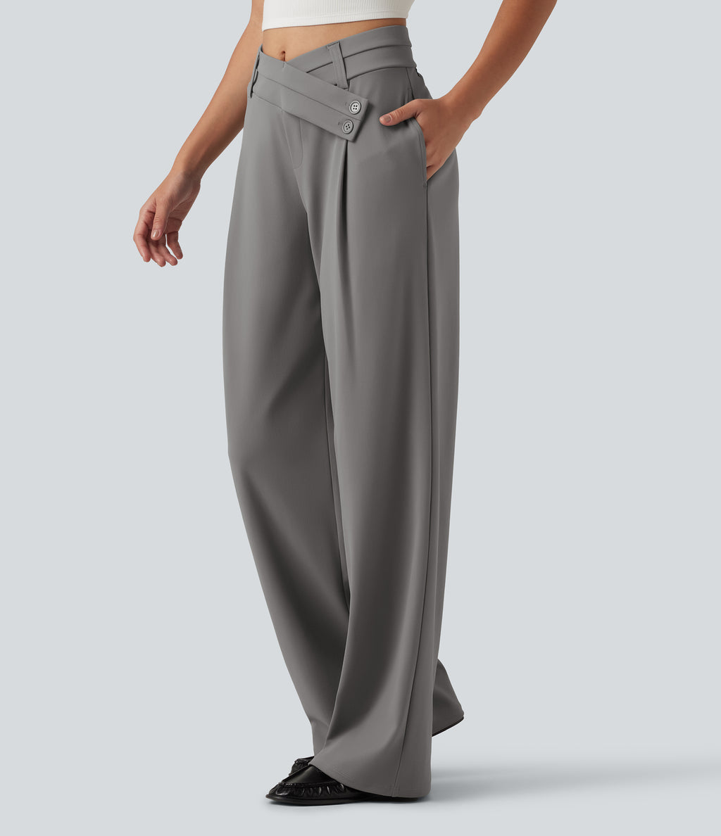 Wrinkle Recovery Mid Rise Asymmetric Wide Leg Work Trousers with Pockets — Silent Storm — view 3