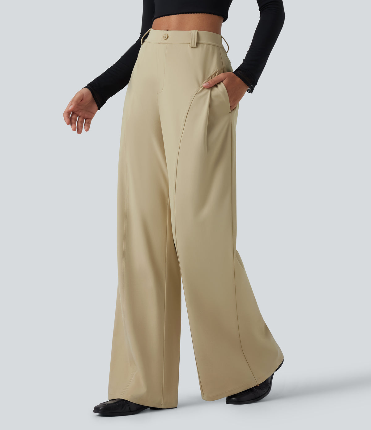 Mid Rise Wide Leg Work Trousers with Pockets — Fields of Rye — view 1