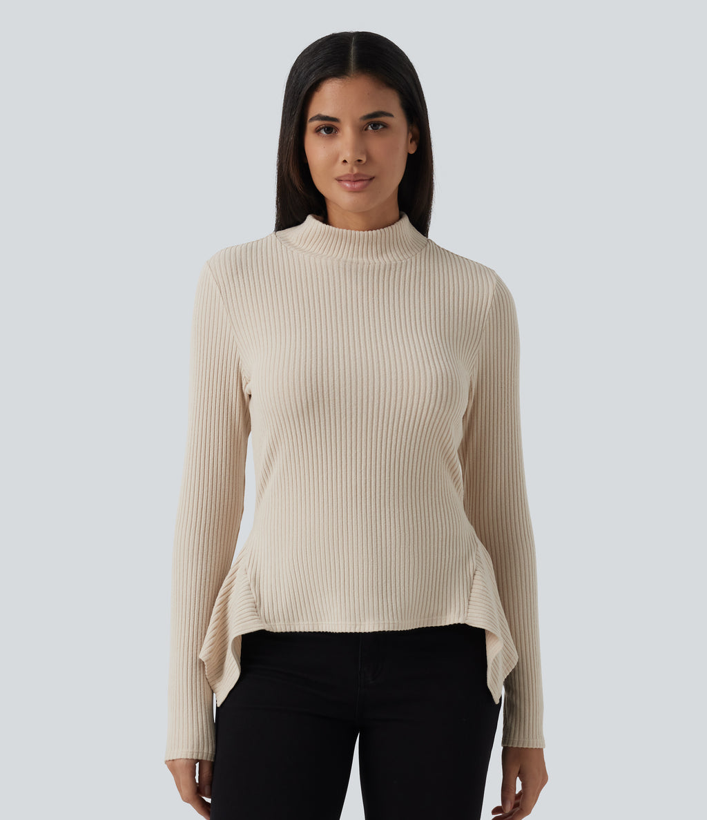 Ribbed Knit High Neck Long Sleeve Uneven Hem Slim Casual Top — Whipped Taupe — view 3