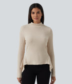 Ribbed Knit High Neck Long Sleeve Uneven Hem Slim Casual Top — Whipped Taupe — view 3