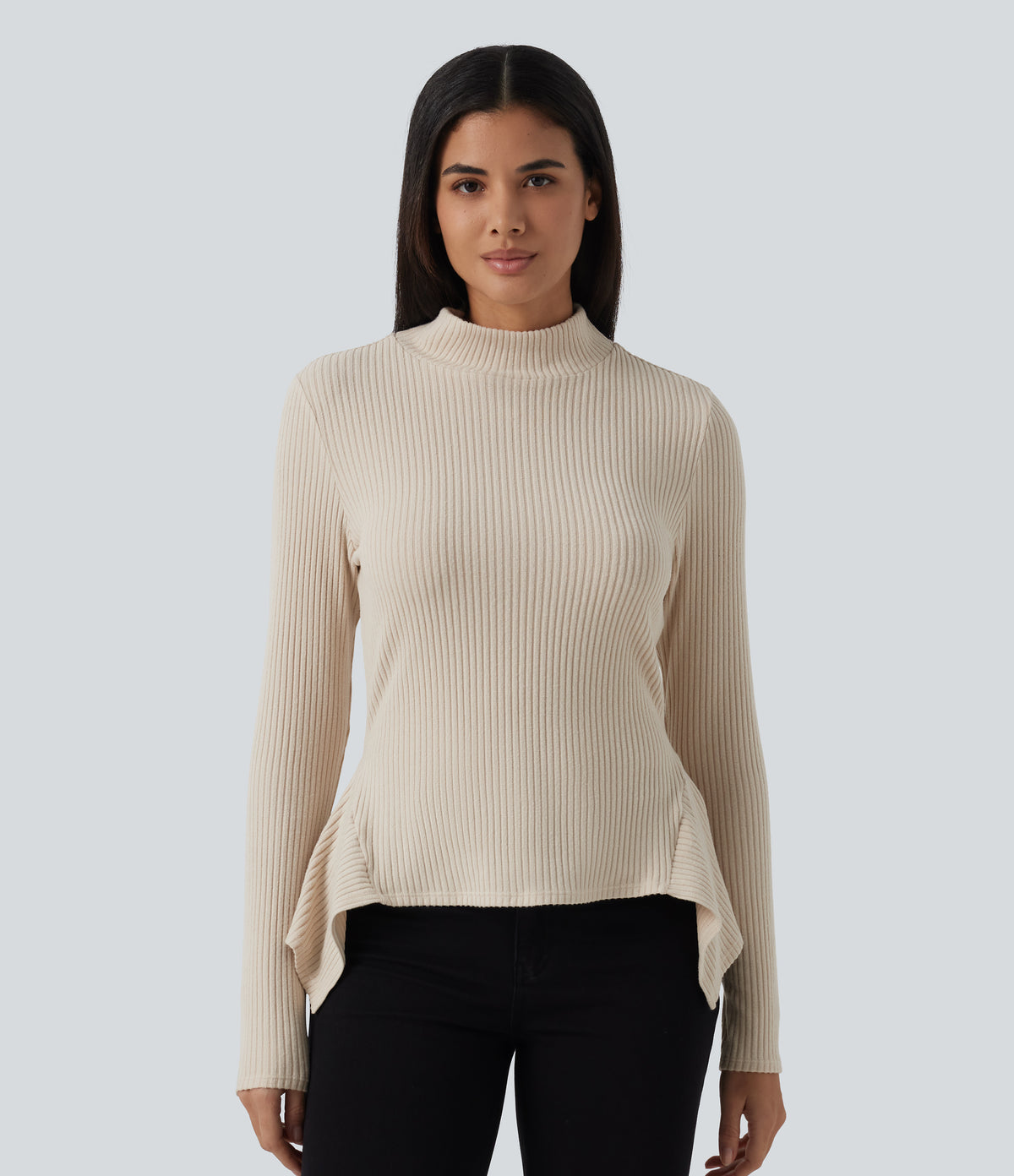 Ribbed Knit High Neck Long Sleeve Uneven Hem Slim Casual Top — Whipped Taupe — view 3