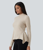 Ribbed Knit High Neck Long Sleeve Uneven Hem Slim Casual Top — Whipped Taupe — view 1
