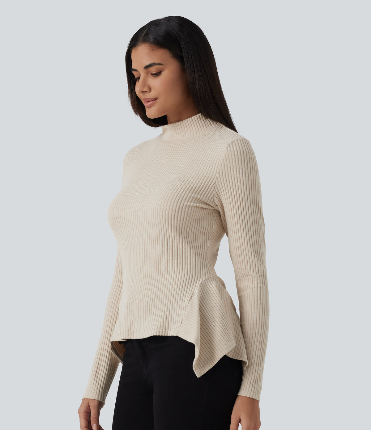 Ribbed Knit High Neck Long Sleeve Uneven Hem Slim Casual Top — Whipped Taupe — view 1