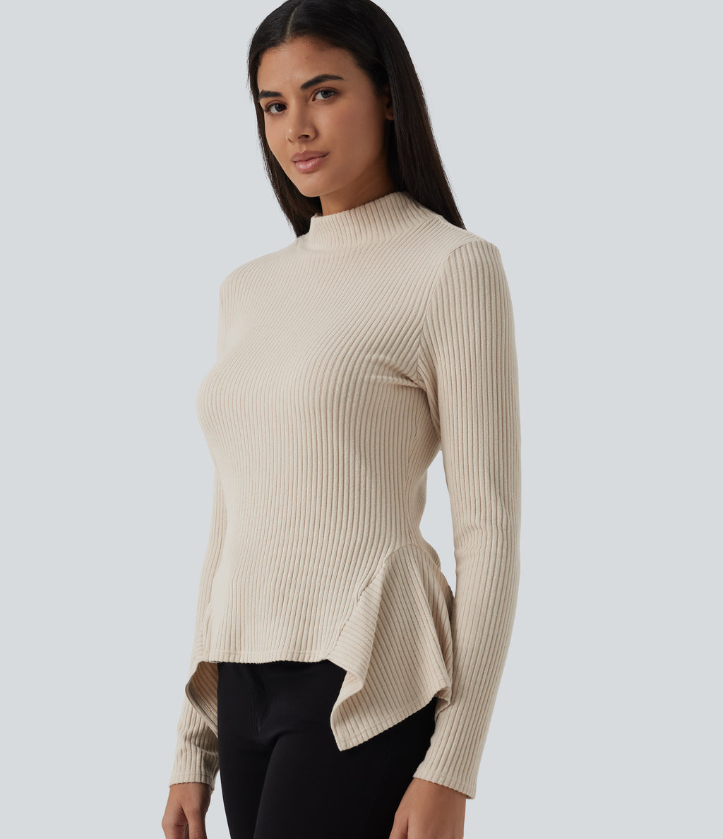 Ribbed Knit High Neck Long Sleeve Uneven Hem Slim Casual Top — Whipped Taupe — view 4