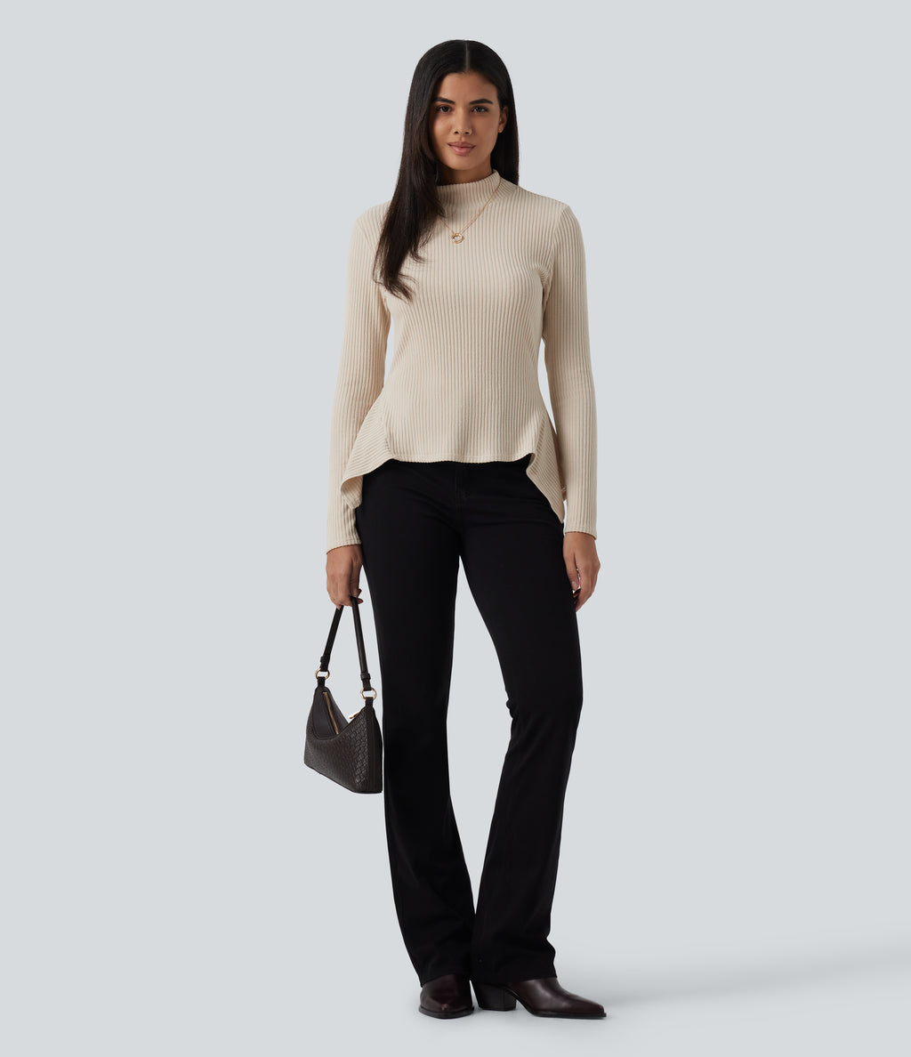 Ribbed Knit High Neck Long Sleeve Uneven Hem Slim Casual Top — Whipped Taupe — view 6