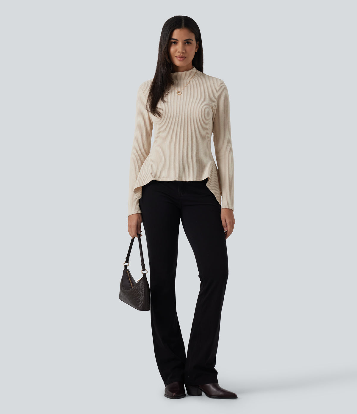 Ribbed Knit High Neck Long Sleeve Uneven Hem Slim Casual Top — Whipped Taupe — view 6
