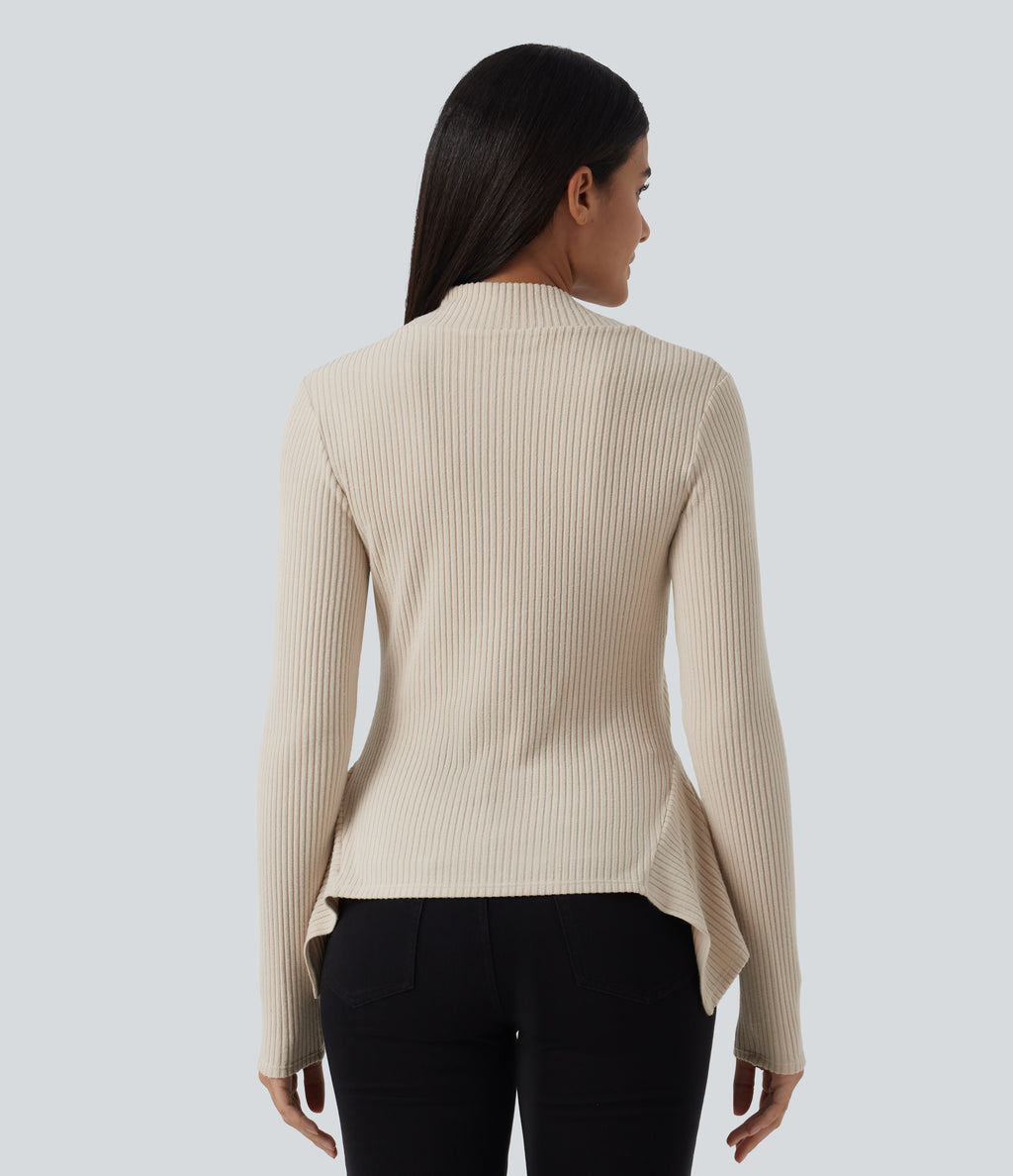 Ribbed Knit High Neck Long Sleeve Uneven Hem Slim Casual Top — Whipped Taupe — view 2