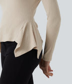 Ribbed Knit High Neck Long Sleeve Uneven Hem Slim Casual Top — Whipped Taupe — view 5
