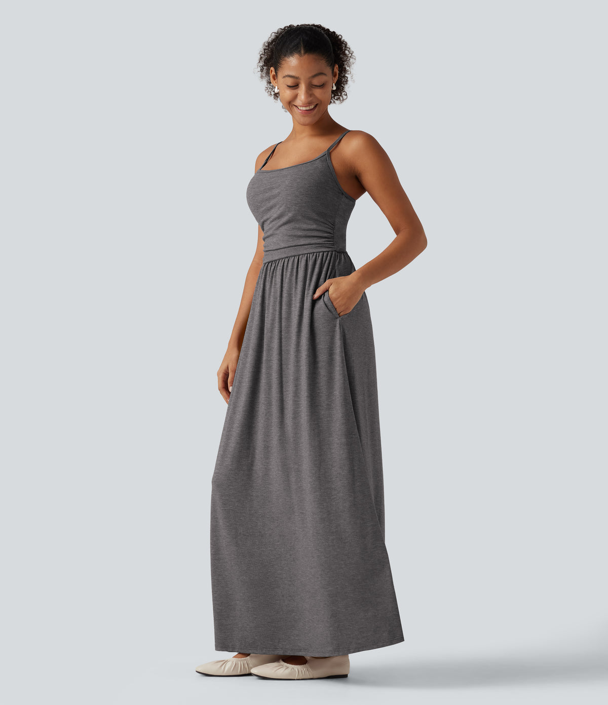 U Neck Heathered Ruched Casual Maxi Tank Dress with Built-In Bra and Pockets — Darl Gray Floral Yarn — view 3