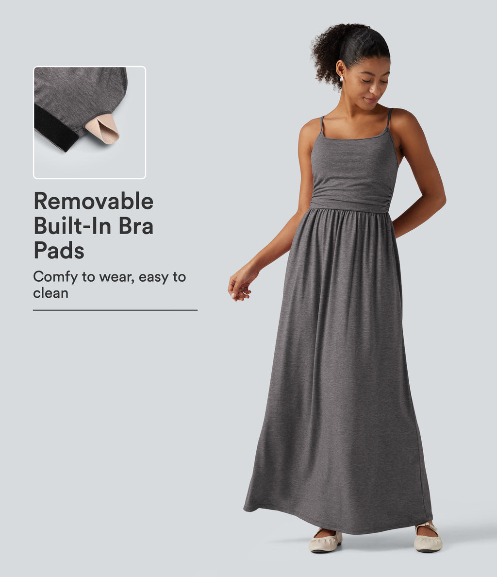 U Neck Heathered Ruched Casual Maxi Tank Dress with Built-In Bra and Pockets — Darl Gray Floral Yarn — view 1