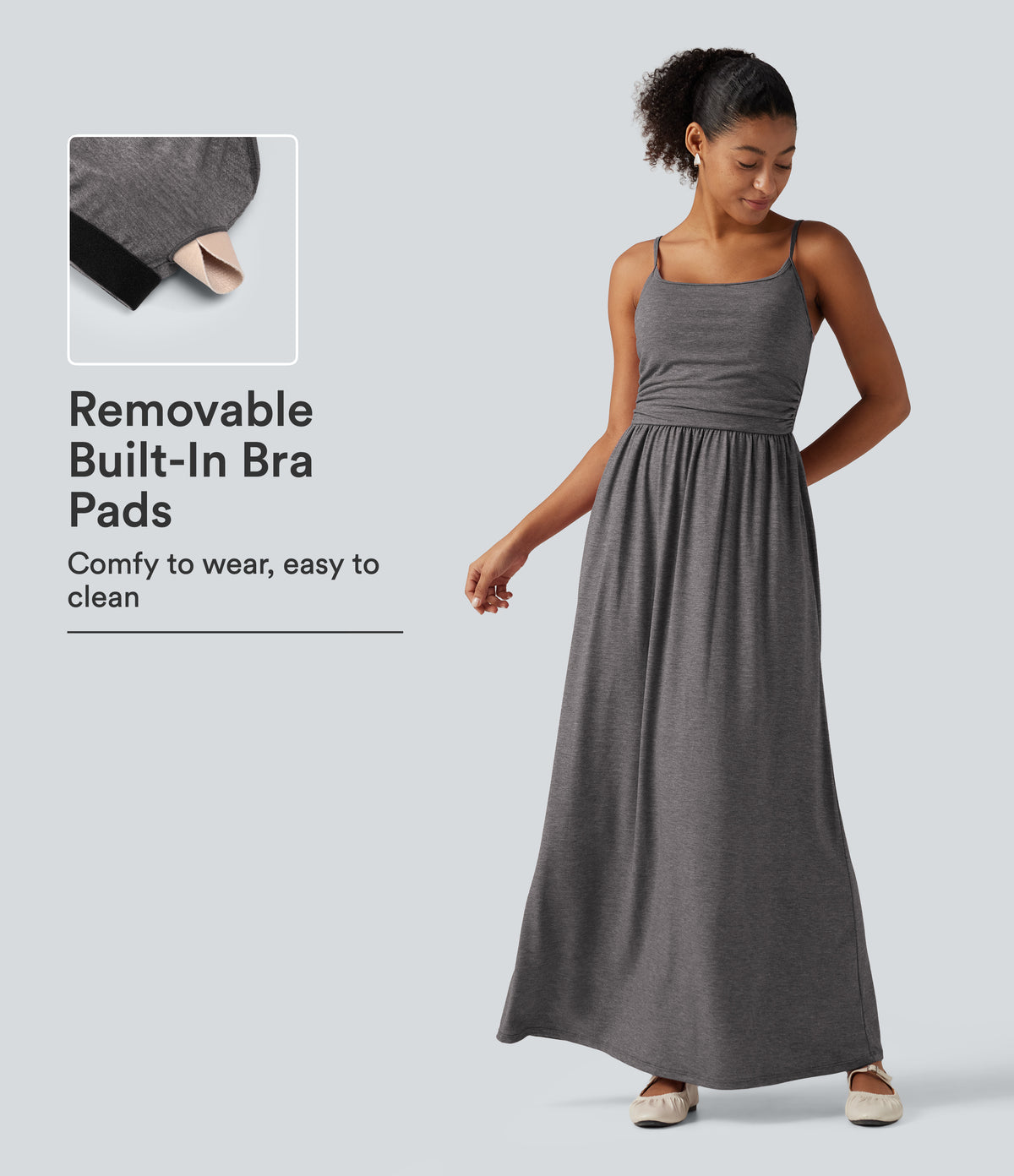 U Neck Heathered Ruched Casual Maxi Tank Dress with Built-In Bra and Pockets — Darl Gray Floral Yarn — view 1