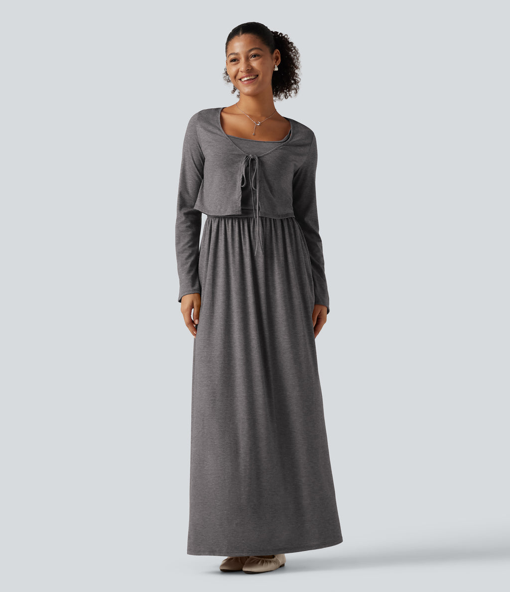 U Neck Heathered Ruched Casual Maxi Tank Dress with Built-In Bra and Pockets — Darl Gray Floral Yarn — view 7