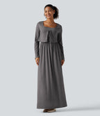 U Neck Heathered Ruched Casual Maxi Tank Dress with Built-In Bra and Pockets — Darl Gray Floral Yarn — view 7