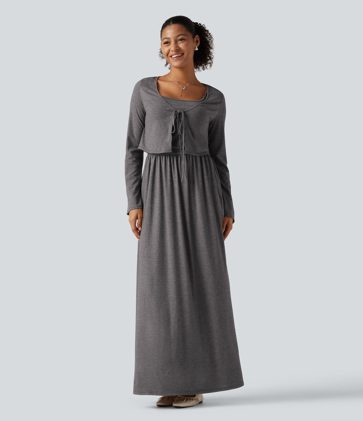 U Neck Heathered Ruched Casual Maxi Tank Dress with Built-In Bra and Pockets — Darl Gray Floral Yarn — view 7