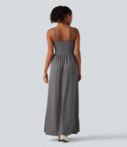 U Neck Heathered Ruched Casual Maxi Tank Dress with Built-In Bra and Pockets — Darl Gray Floral Yarn — view 2