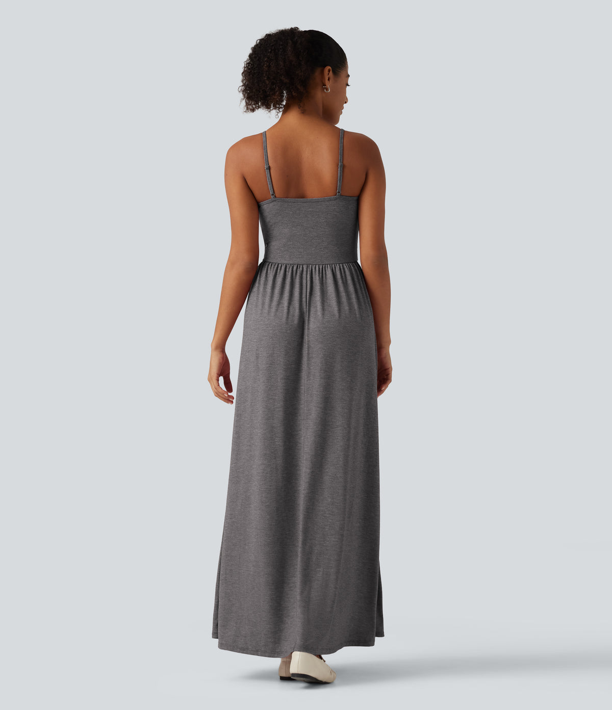 U Neck Heathered Ruched Casual Maxi Tank Dress with Built-In Bra and Pockets — Darl Gray Floral Yarn — view 2