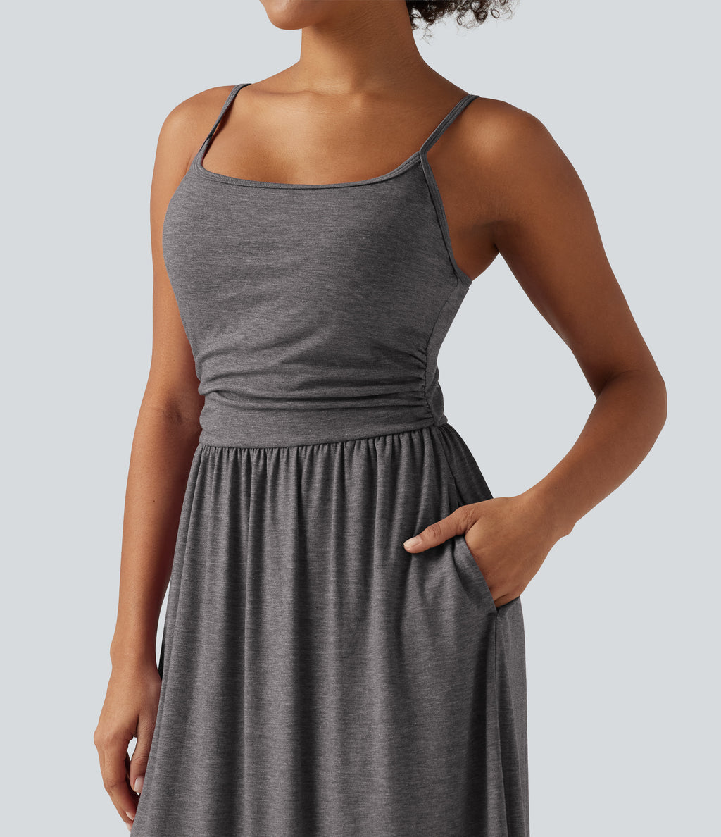 U Neck Heathered Ruched Casual Maxi Tank Dress with Built-In Bra and Pockets — Darl Gray Floral Yarn — view 6