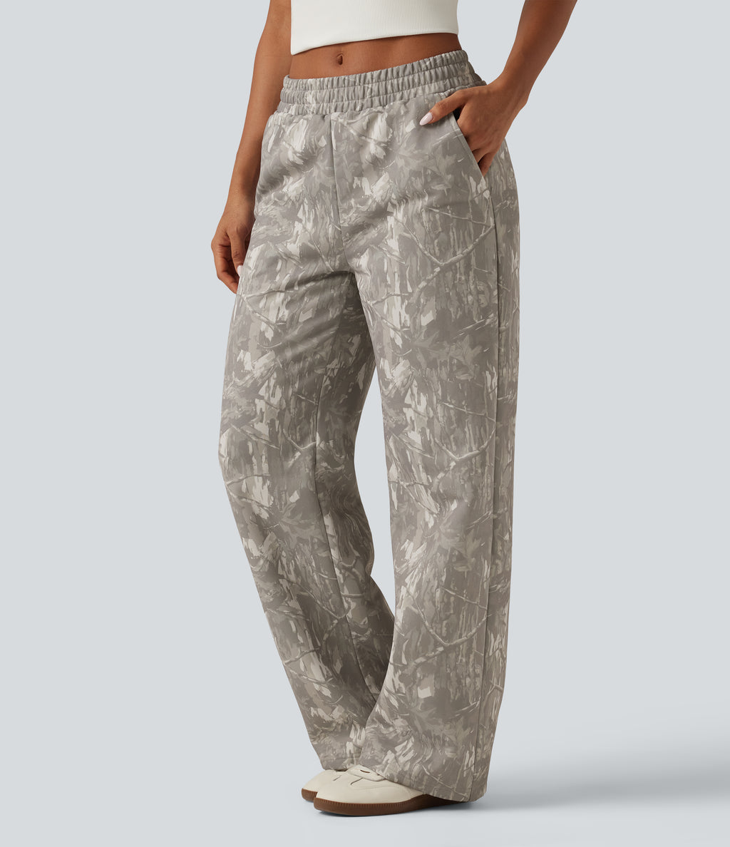 Mid Rise Straight Leg Patterned Inner Drawstring Fleece Casual Sweatpants with Pockets — Sand Grey Brushwood — view 3