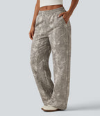 Mid Rise Straight Leg Patterned Inner Drawstring Fleece Casual Sweatpants with Pockets — Sand Grey Brushwood — view 3