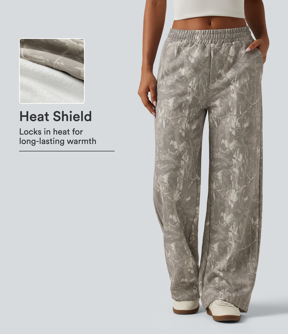 Mid Rise Straight Leg Patterned Inner Drawstring Fleece Casual Sweatpants with Pockets — Sand Grey Brushwood — view 1