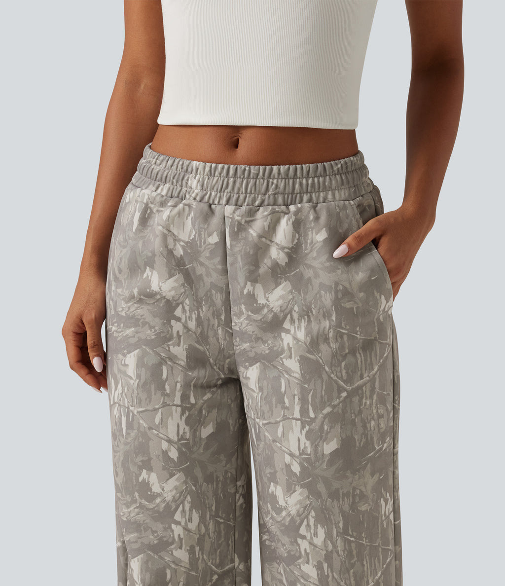 Mid Rise Straight Leg Patterned Inner Drawstring Fleece Casual Sweatpants with Pockets — Sand Grey Brushwood — view 6