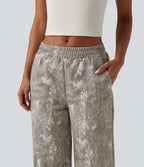 Mid Rise Straight Leg Patterned Inner Drawstring Fleece Casual Sweatpants with Pockets — Sand Grey Brushwood — view 6