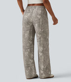 Mid Rise Straight Leg Patterned Inner Drawstring Fleece Casual Sweatpants with Pockets — Sand Grey Brushwood — view 2