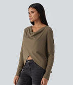Cowl Neck Crossover Long Sleeve Curved Hem Casual Top — Shitake — view 3