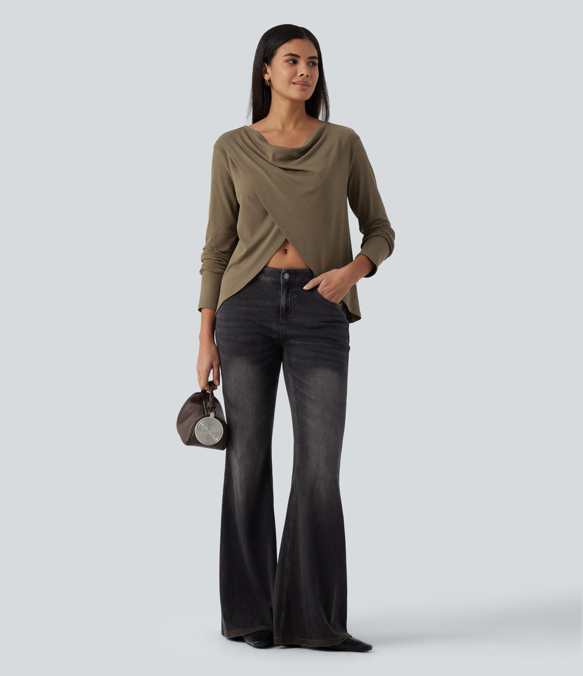 Cowl Neck Crossover Long Sleeve Curved Hem Casual Top — Shitake — view 8