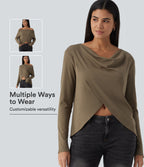 Cowl Neck Crossover Long Sleeve Curved Hem Casual Top — Shitake — view 1