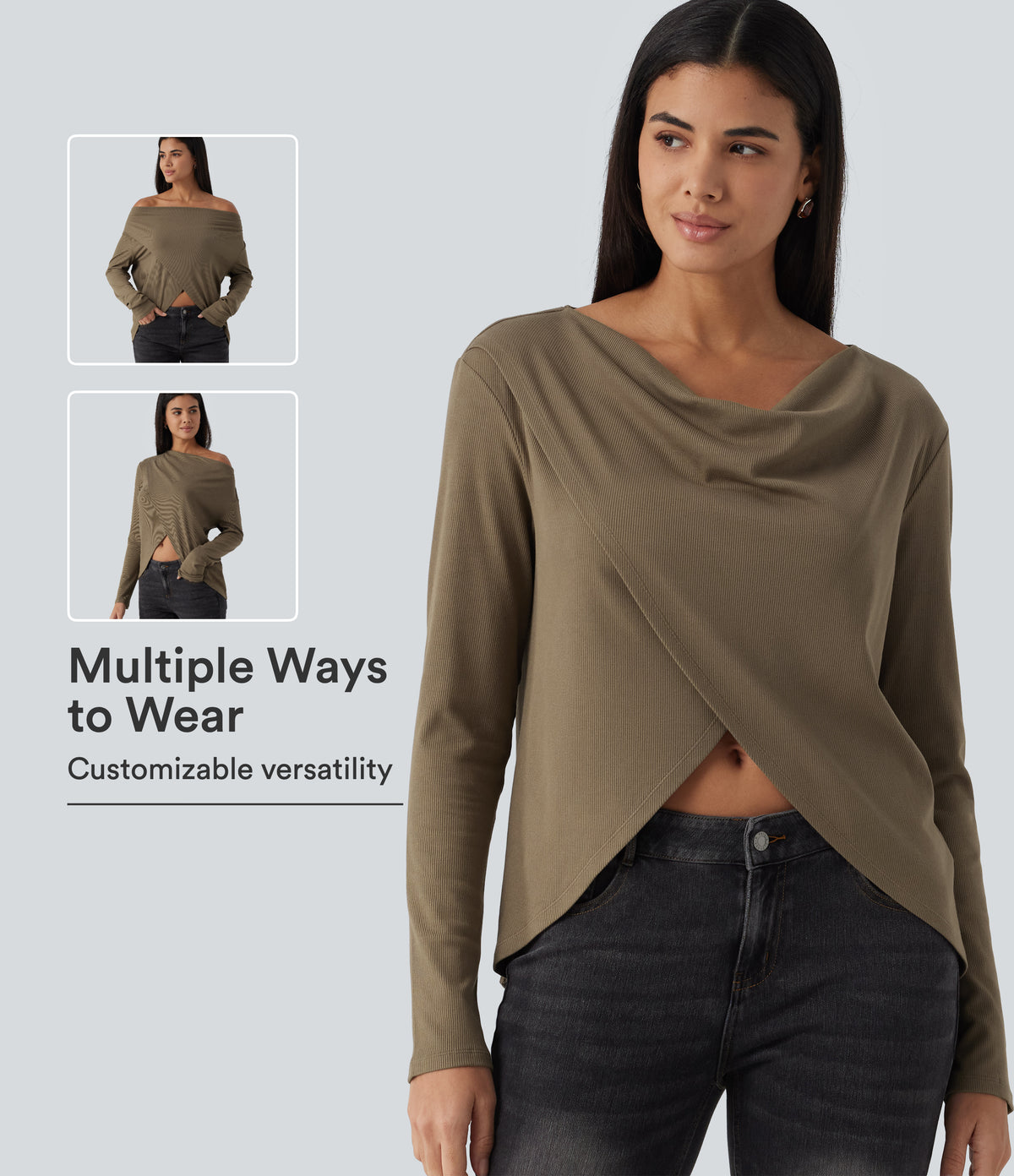 Cowl Neck Crossover Long Sleeve Curved Hem Casual Top — Shitake — view 1