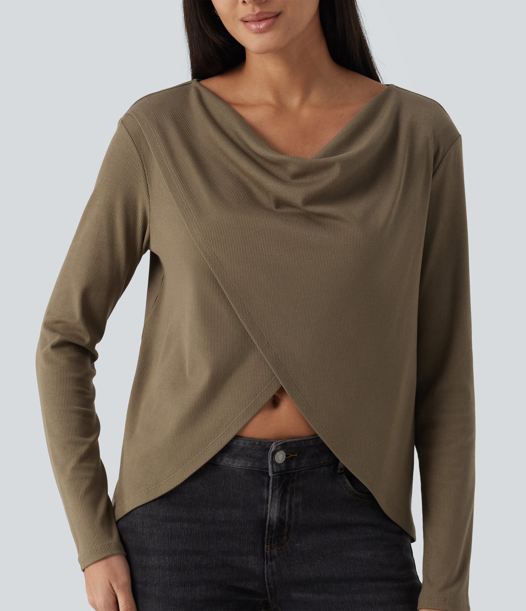 Cowl Neck Crossover Long Sleeve Curved Hem Casual Top — Shitake — view 6
