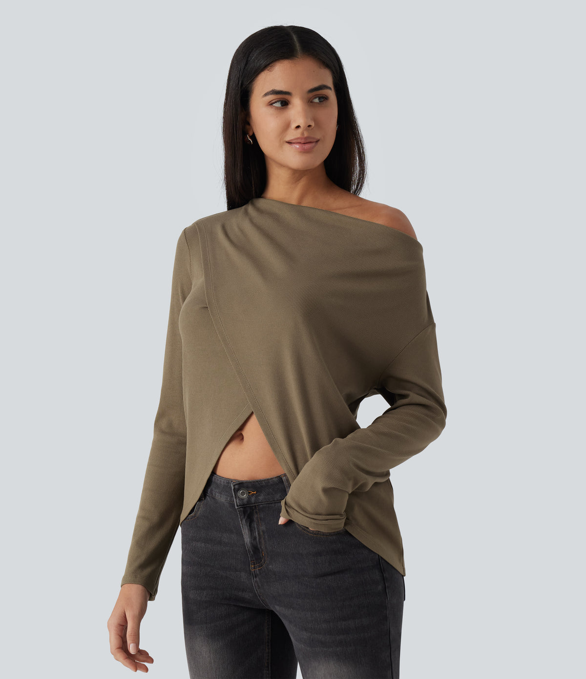 Cowl Neck Crossover Long Sleeve Curved Hem Casual Top — Shitake — view 4